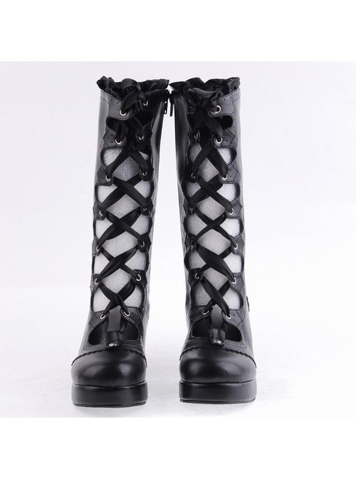 Black 2.6" Heel High Sexy Suede Round Toe Criss Cross Straps Gothic Lolita Platform Boots