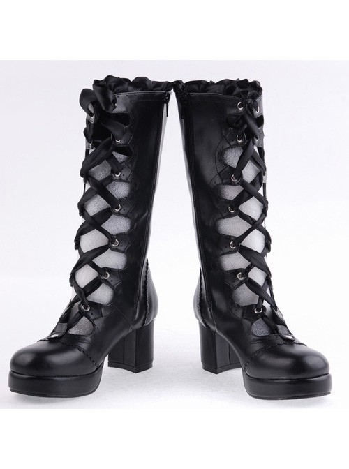 Black 2.6" Heel High Sexy Suede Round Toe Criss Cross Straps Gothic Lolita Platform Boots