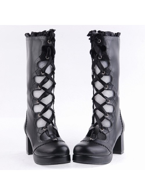 Black 2.6" Heel High Sexy Suede Round Toe Criss Cross Straps Gothic Lolita Platform Boots