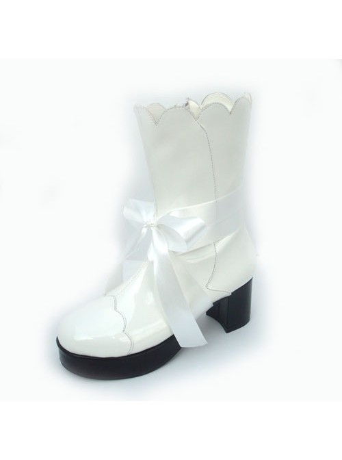 White 3.0" Heel High Cute PU Round Toe Bow Platform Lolita Short Boots