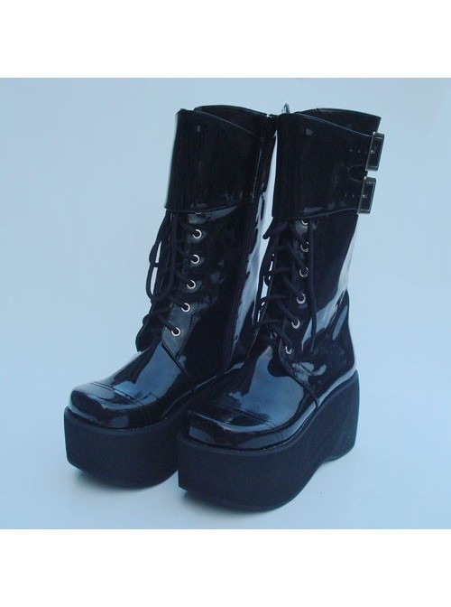 Black 3.5" Heel High Beautiful Suede Round Toe Cross Straps Gothic Girls Lolita Platform Boots