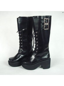 Black 3.5" Heel High Lovely Polyurethane Round Toe Cross Straps Platform Girls Lolita Boots