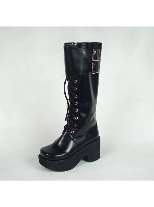 Black 3.5" Heel High Lovely Polyurethane Round Toe Cross Straps Platform Girls Lolita Boots