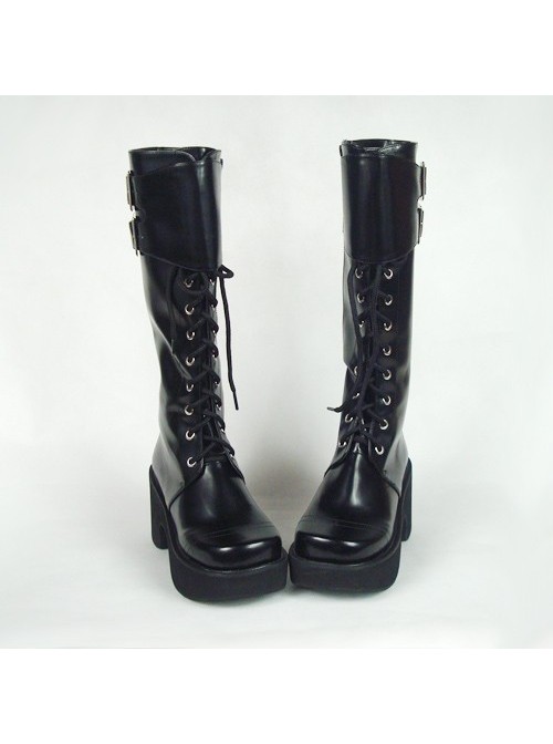 Black 3.5" Heel High Lovely Polyurethane Round Toe Cross Straps Platform Girls Lolita Boots