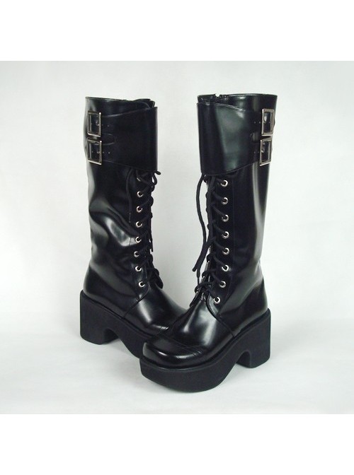 Black 3.5" Heel High Lovely Polyurethane Round Toe Cross Straps Platform Girls Lolita Boots