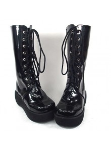 Black 2.4" Heel High Beautiful Synthetic Leather Round Toe Cross Straps Platform Girls Lolita Boots