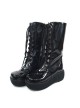 Black 2.4" Heel High Beautiful Synthetic Leather Round Toe Cross Straps Platform Girls Lolita Boots