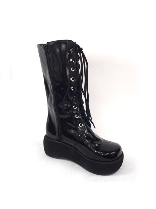 Black 2.4" Heel High Beautiful Synthetic Leather Round Toe Cross Straps Platform Girls Lolita Boots