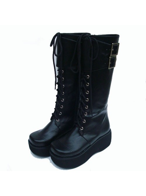 Black 2.6" Heel High Charming PU Round Toe Cross Straps Platform Lady Lolita Boots