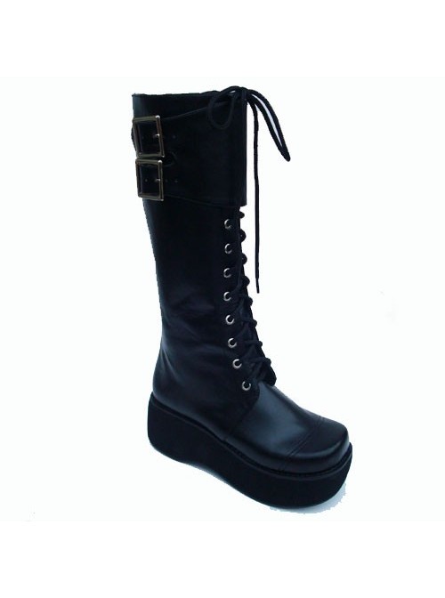 Black 2.6" Heel High Charming PU Round Toe Cross Straps Platform Lady Lolita Boots