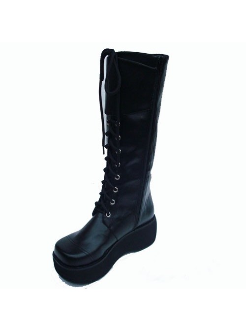 Black 2.6" Heel High Charming PU Round Toe Cross Straps Platform Lady Lolita Boots