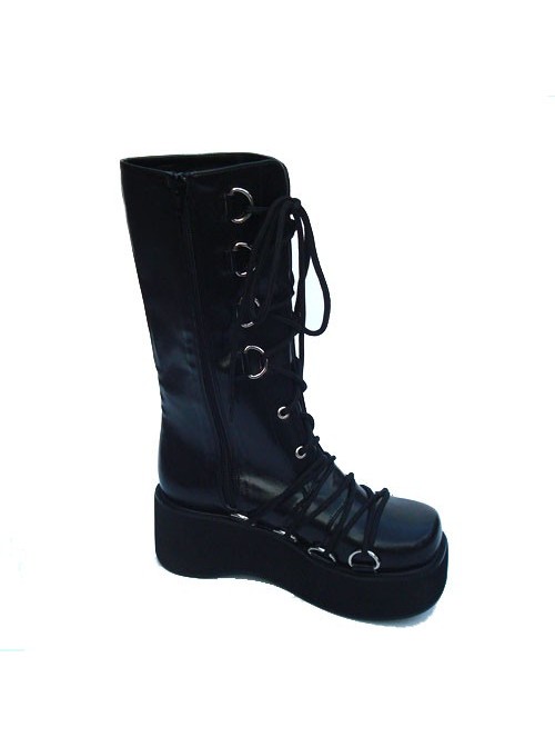 Black 2.6" Heel High Sexy Patent Leather Point Toe Cross Straps Platform Lady Lolita Boots