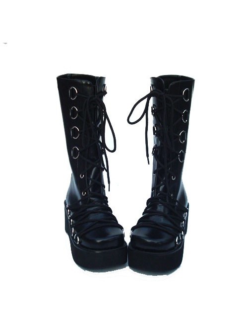 Black 2.6" Heel High Sexy Patent Leather Point Toe Cross Straps Platform Lady Lolita Boots