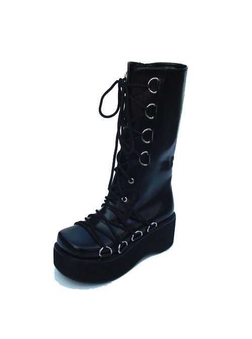 Black 2.6" Heel High Sexy Patent Leather Point Toe Cross Straps Platform Lady Lolita Boots