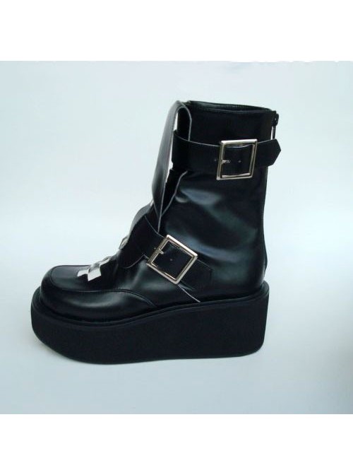 Black 2.8" Heel High Elegant Patent Leather Round Toe Stud Buckles Platform Girls Lolita Boots