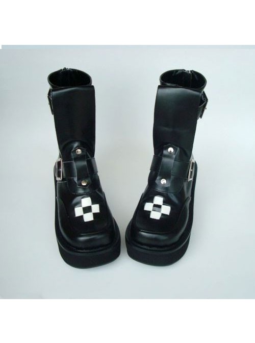 Black 2.8" Heel High Elegant Patent Leather Round Toe Stud Buckles Platform Girls Lolita Boots