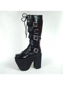 Black 6.0" Heel High Gorgeous Polyurethane Point Toe Stud Buckles Platform Girls Lolita Boots