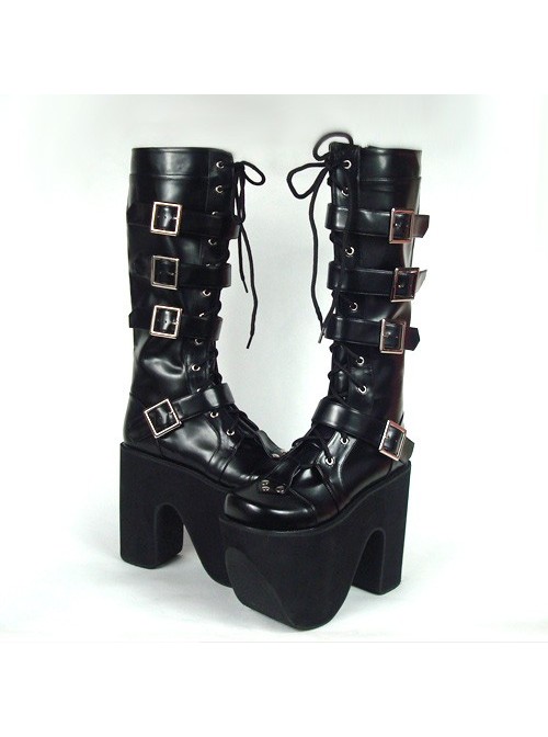 Black 6.0" Heel High Gorgeous Polyurethane Point Toe Stud Buckles Platform Girls Lolita Boots