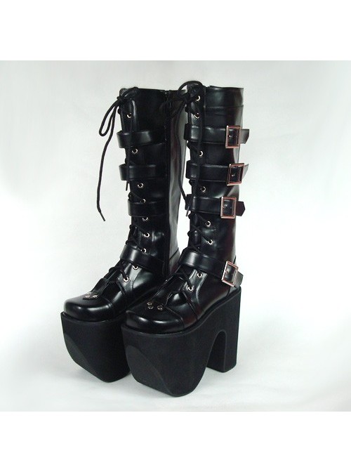 Black 6.0" Heel High Gorgeous Polyurethane Point Toe Stud Buckles Platform Girls Lolita Boots