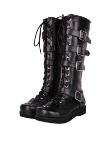 Black 1.2" Heel High Romatic Synthetic Leather Point Toe Cross Straps Platform Girls Lolita Boots