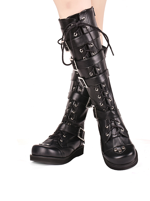 Black 1.2" Heel High Romatic Synthetic Leather Point Toe Cross Straps Platform Girls Lolita Boots