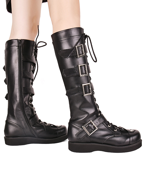 Black 1.2" Heel High Romatic Synthetic Leather Point Toe Cross Straps Platform Girls Lolita Boots