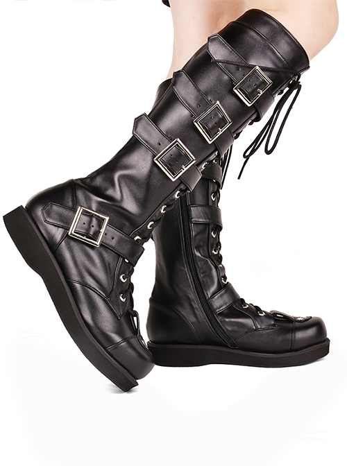 Black 1.2" Heel High Romatic Synthetic Leather Point Toe Cross Straps Platform Girls Lolita Boots