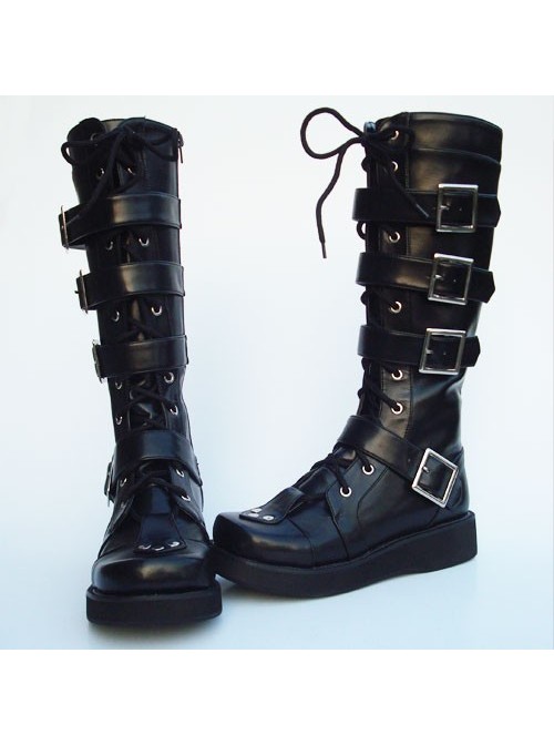 Black 1.2" Heel High Romatic Synthetic Leather Point Toe Cross Straps Platform Girls Lolita Boots
