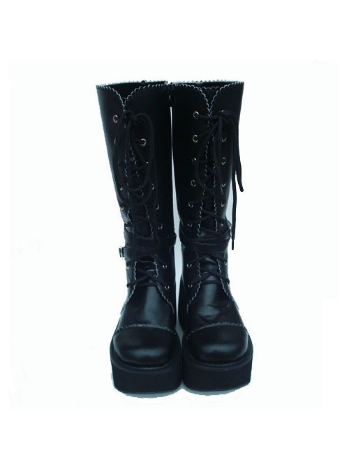 Black 3.3" Heel High Sexy Patent Leather Point Toe Cross Straps Platform Girls Lolita Boots