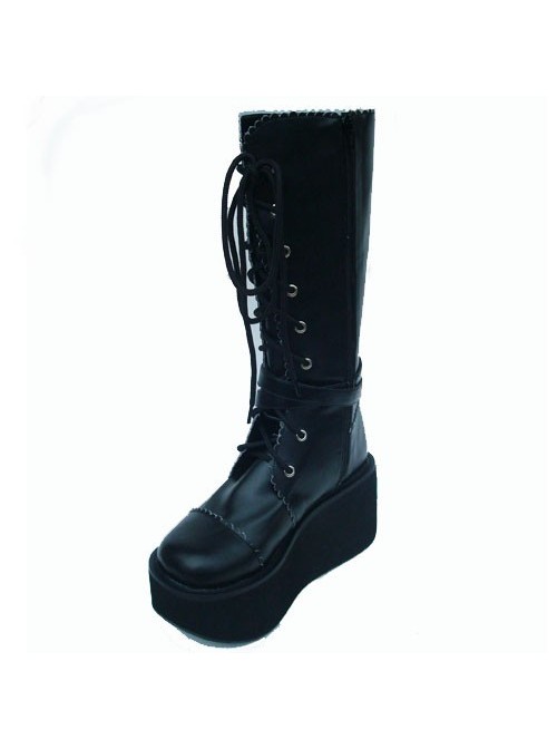 Black 3.3" Heel High Sexy Patent Leather Point Toe Cross Straps Platform Girls Lolita Boots