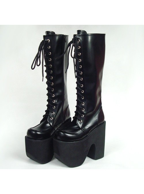 Black 6.0" Heel High Elegant PU Point Toe Cross Straps Platform Lady Lolita Boots