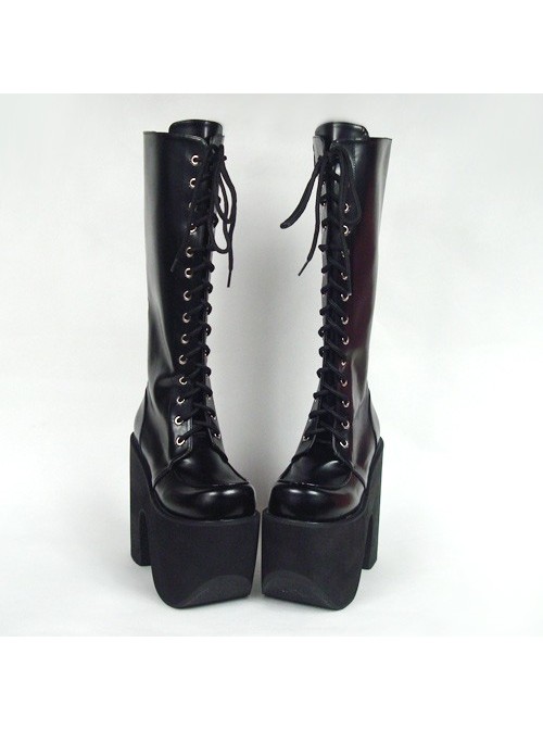 Black 6.0" Heel High Elegant PU Point Toe Cross Straps Platform Lady Lolita Boots