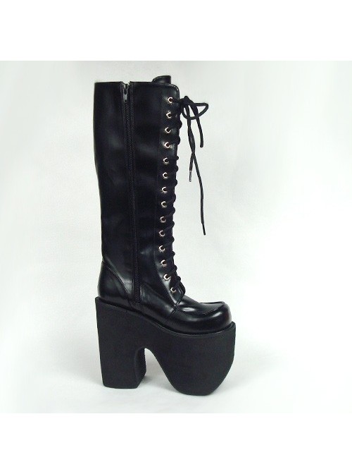 Black 6.0" Heel High Elegant PU Point Toe Cross Straps Platform Lady Lolita Boots