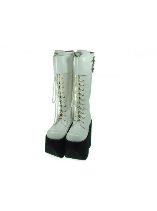 White 6.0" Heel High Charming Synthetic Leather Round Toe Cross Straps Platform Lady Lolita Boots