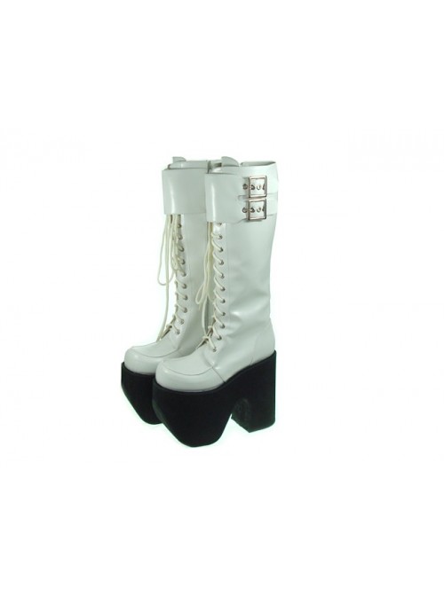 White 6.0" Heel High Charming Synthetic Leather Round Toe Cross Straps Platform Lady Lolita Boots