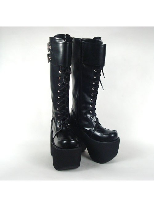 Black 6.0" Heel High Beautiful PU Round Toe Cross Straps Platform Lady Lolita Boots