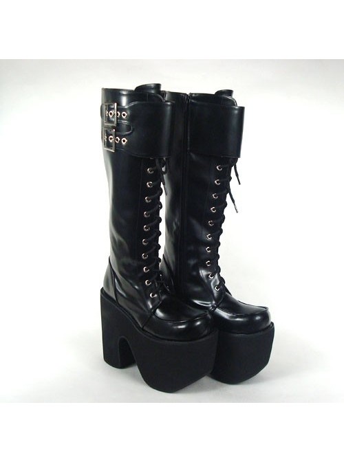 Black 6.0" Heel High Beautiful PU Round Toe Cross Straps Platform Lady Lolita Boots