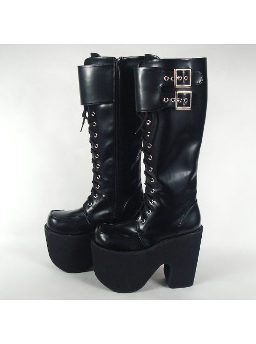 Black 6.0" Heel High Beautiful PU Round Toe Cross Straps Platform Lady Lolita Boots