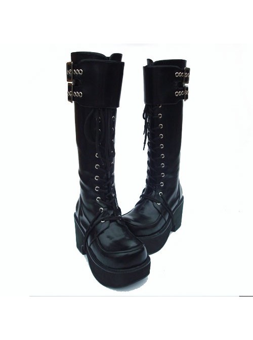 Black 3.5" Heel High Romatic PU Round Toe Cross Straps Platform Lady Lolita Boots