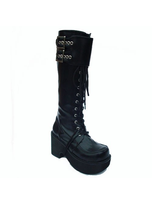 Black 3.5" Heel High Romatic PU Round Toe Cross Straps Platform Lady Lolita Boots