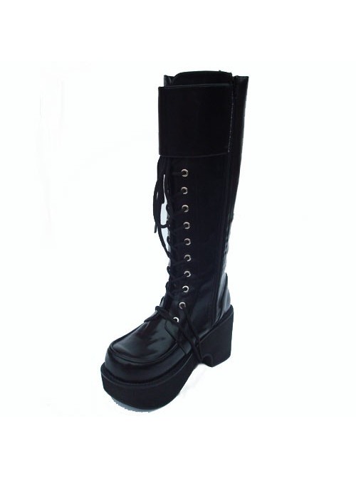 Black 3.5" Heel High Romatic PU Round Toe Cross Straps Platform Lady Lolita Boots