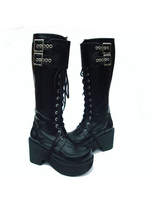 Black 3.5" Heel High Romatic PU Round Toe Cross Straps Platform Lady Lolita Boots