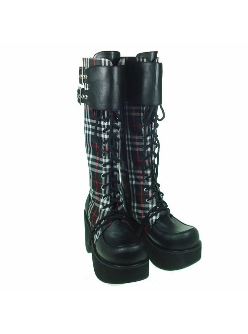 Black-White 3.5" Heel High Cute Patent Leather Round Toe Cross Straps Platform Girls Lolita Boots
