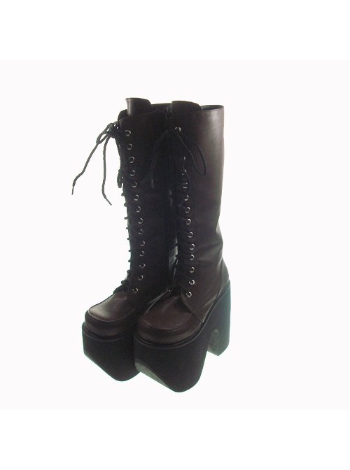 Brown 6.0" Heel High Cute Polyurethane Round Toe Cross Straps Platform Girls Lolita Boots