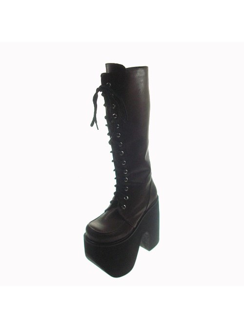 Brown 6.0" Heel High Cute Polyurethane Round Toe Cross Straps Platform Girls Lolita Boots