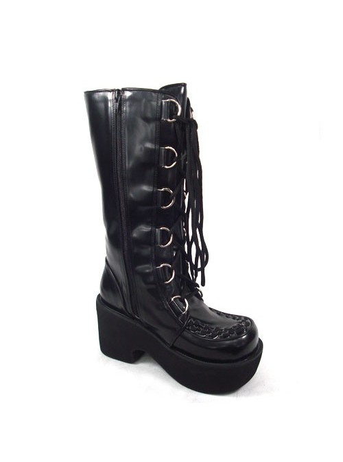 Black 3.5" Heel High Beautiful PU Round Toe Cross Straps Platform Girls Lolita Boots