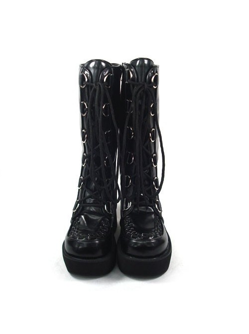 Black 3.5" Heel High Beautiful PU Round Toe Cross Straps Platform Girls Lolita Boots