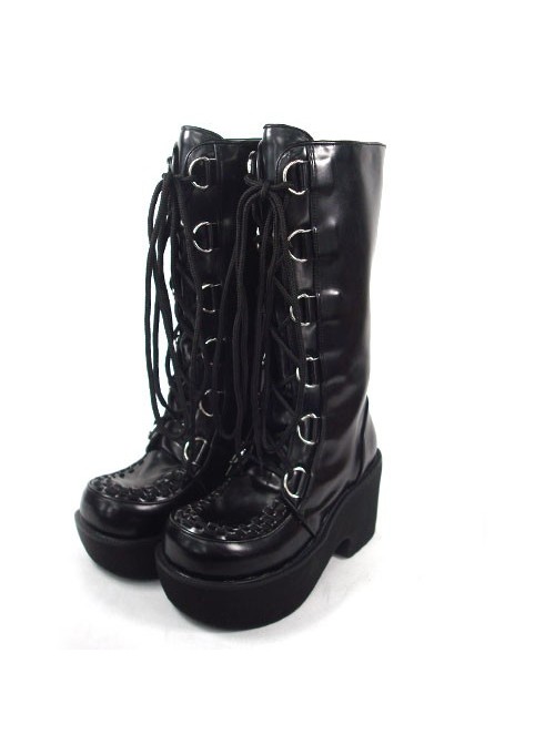 Black 3.5" Heel High Beautiful PU Round Toe Cross Straps Platform Girls Lolita Boots