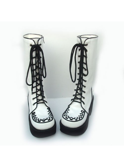 White 3.1" Heel High Lovely Suede Round Toe Cross Straps Platform Lolita Boots