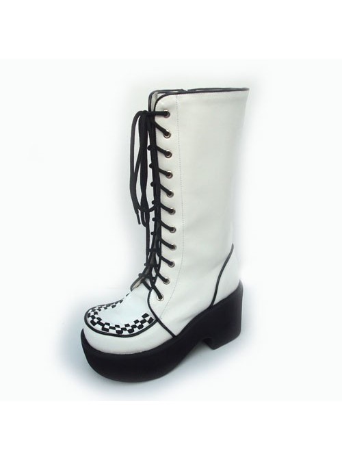 White 3.1" Heel High Lovely Suede Round Toe Cross Straps Platform Lolita Boots